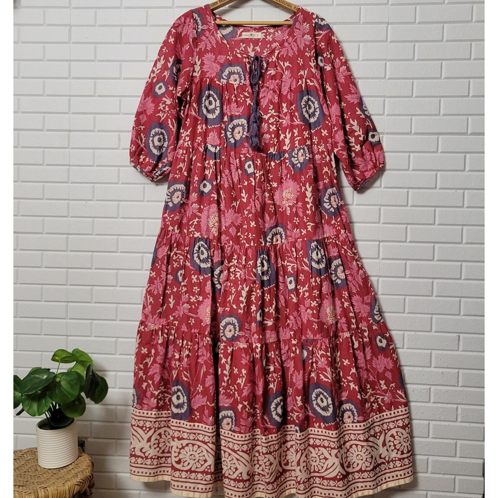 Natural Life Auguste Maxi Dress S Red Floral India Cotton Tiered Boho Tassel Tie